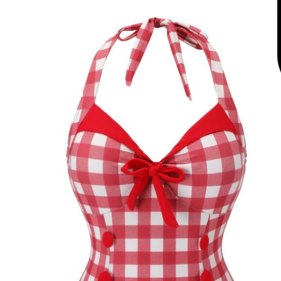 Red Gingham 1950's Haltar Swim Suit - Picture 1 of 2